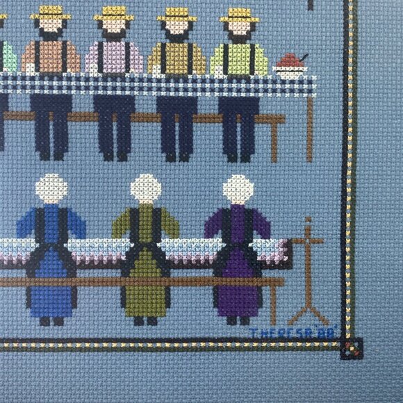 Vintage Handmade Amish Folk Barnraising Framed Cross Stitch 18.5"x14" - Picture 6 of 9